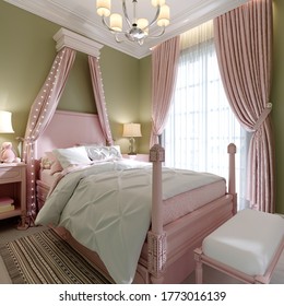 Childrens Bedroom With A Large Pink Bed And Aldohin Over, Pistachio-colored Walls. 3D Rendering.