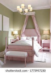 Childrens Bedroom With A Large Pink Bed And Aldohin Over, Pistachio-colored Walls. 3D Rendering.