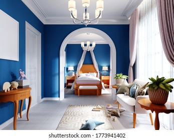 Childrens Bedroom And Play Area In Blue, Orange And White. 3D Rendering.