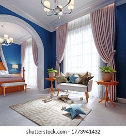 Childrens Bedroom And Play Area In Blue, Orange And White. 3D Rendering.