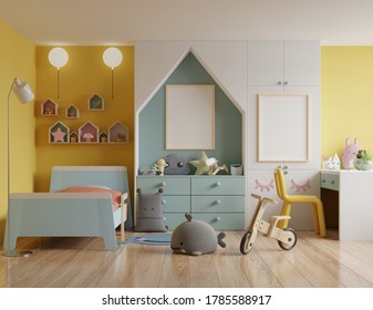 Children's Bedroom With A Roof House And Yellow Walls/mockup Poster Frame In Children Room,3d Rendering