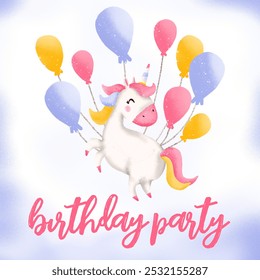 A children's birthday card with an illustration of a unicorn on balloons. - Powered by Shutterstock