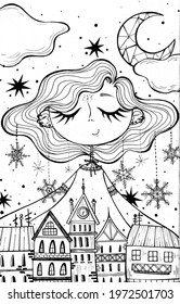 children's black   white doodle illustration cute girl the background the city  fabulous city  cute character  book illustration  hand drawing  line art