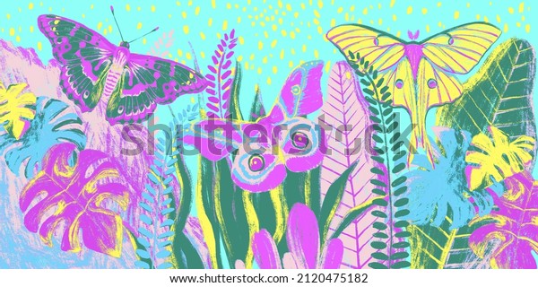 Children's bright colorful butterflies with tropical plants. Beautiful drawn design for card, postcard, wallpaper, photo wallpaper, painting, book illustration. Design for a nursery, teenage room.