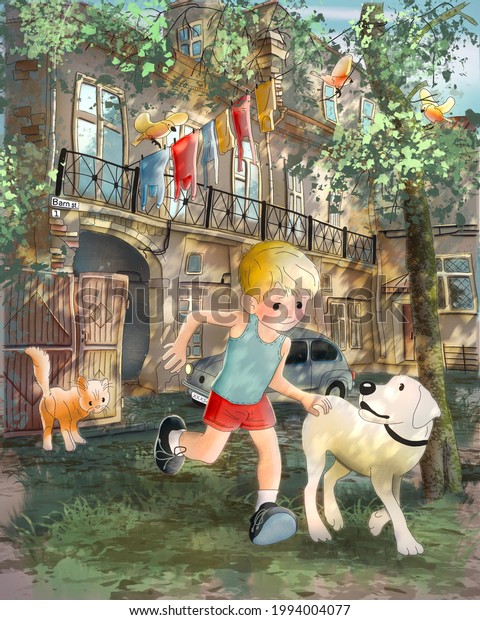 Children\'s cartoon illustration. A boy runs\
down the street with his dog. Light and shadow from the leaves of\
the tree. Color green, red, yellow,\
brown