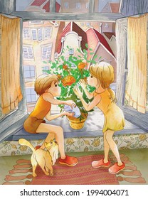 Children's cartoon illustration. Fairy tale Snow Queen. Girl Gerda and her brother Kai take care of a blooming rose. Color green yellow red gray