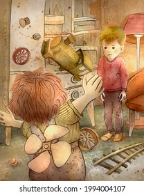 Children's Cartoon Illustration. The Tale Of Karlsson Who Lives On The Roof. Carlson And A Little Boy Kid Play With Toys On The Train And The Railroad. Brown Green Khaki