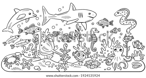 海洋動物を使った子ども向けの塗り絵 イルカ サメ 水上馬 様々な魚 カニ ヒトデ スロープ のイラスト素材
