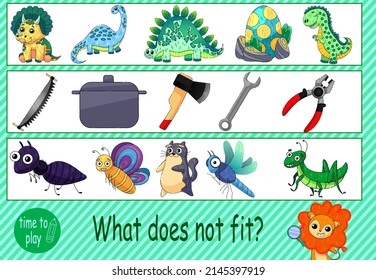 Children's Development Tasks. Find The Missing Item. Dinosaurs, Tools And Insects.