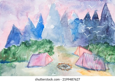 Children's Diy Watercolor Drawing On Textured Paper - Traveling, Hiking And Camping In A Clearing In The Mountains. Tents, Campfire And Pink Sky. Romance And Relaxation. Kids Art Handmade Painting