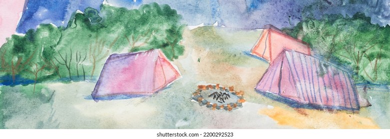 Children's Diy Watercolor Drawing On Textured Paper - Traveling, Hiking And Camping In Clearing In Mountains. Tents, Campfire And Pink Sky. Romance And Relaxation. Kids Art Handmade Painting. Banner