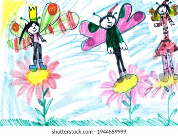 Children's Drawing With Colored Pencils. Elf Family On Flowers