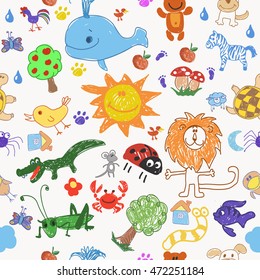 Childrens drawing doodle animals trees   sun seamless pattern 