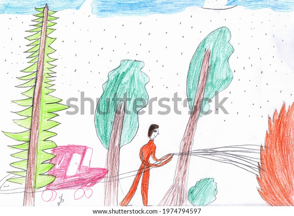 children\'s drawing extinguishing a\
fire in the forest, the work of a firefighter through the eyes of a\
child, a firefighter extinguishes trees pencil\
drawing