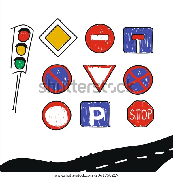 Childrens Drawings Road Signs Traffic Lights Stock Illustration ...