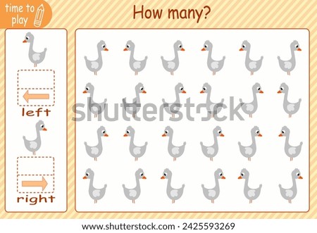 children's educational game, tasks. count how many elements will be placed on the right and how many on the left. goose. animal	
