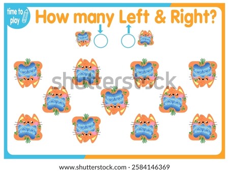 children's educational game, tasks. count how many elements will be placed on the right and how many on the left. cat. animal.