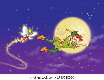 
children's fairy tales, flying boy in green dress