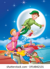 Children's fairy tales, flying boy in green dress. Illustration for the children.