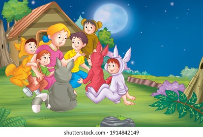 Children's fairy tales, flying boy in green dress. Illustration for the children.