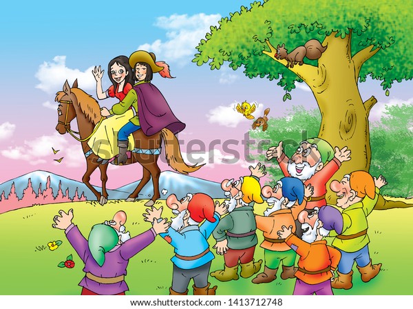 Childrens Fairy Tales Snow White Seven Stock Illustration