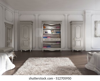 Children's Furniture In Provence Style In The Classic Children's Room. Two Cabinets And Shelving For Books And Toys. 3D Render.