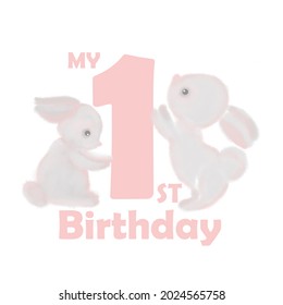 Children's greeting card with number and bunnies. An illustration for a holiday, a party and invitations. Decoration for the interior. Children's birthday - Powered by Shutterstock