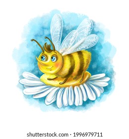 デジタル形式の子ども向けイラスト 漫画の蜂 黄色の子ども向けの虫 カモミールの花に座ったふわふわした腹 白い花びら 大きな青い目 多くの脚 明るいイラスト のイラスト素材 Shutterstock