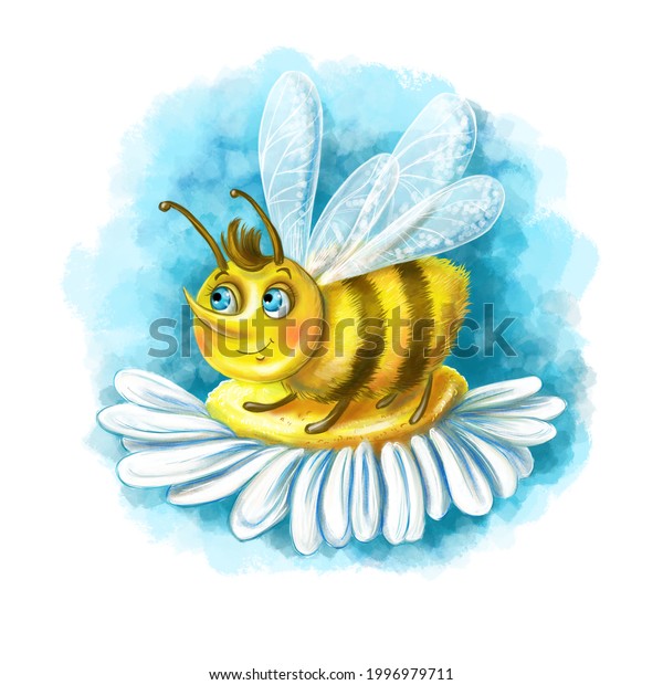 デジタル形式の子ども向けイラスト 漫画の蜂 黄色の子ども向けの虫 カモミールの花に座ったふわふわした腹 白い花びら 大きな青い目 多くの脚 明るい イラスト のイラスト素材