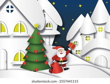 Children's illustration of Santa Claus arriving in a snowy village, carrying gifts. A festive paper-cut style brings this Christmas scene to life with a palette of white, red, and green. - Powered by Shutterstock