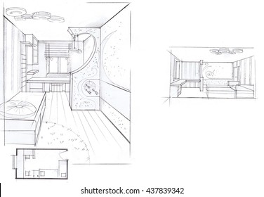 Children's, kids room graphical sketch of an interior