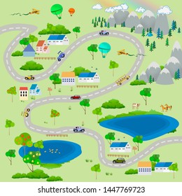 Children's map of the city, view from above. Road with cars and houses. Children's background