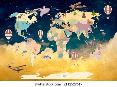 children's map of the world against the background of the night sky with animals for digital printing wallpaper, custom design wallpaper