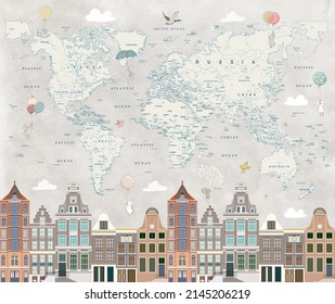 children's map of the world with houses and animals for digital printing wallpaper, custom design wallpaper

