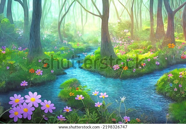 Children's painted colored wallpaper. A colorful illustration of a fabulous forest clearing with flowers and a small river. Design for a children's room, nature mural wallpaper, photo wallpaper, poster, postcard.
