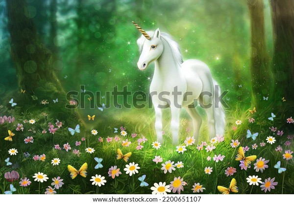 Children's painted colored wallpaper. Colorful 3D illustration of a forest clearing with flowers, butterflies and a unicorn. Design for a children's room, wallpaper, photo wallpaper.