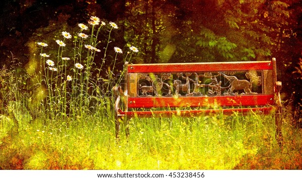 Childrens Park Bench Daisies Summer Season Stock Illustration
