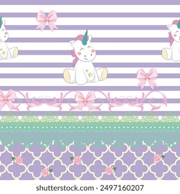 Children's pattern: unicorns, bows, and lilac stripes with a geometric border. - Powered by Shutterstock