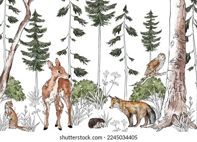 
Children's photo wallpaper, which depicts cute animals that walk in the forest, yakriy, colorful drawing