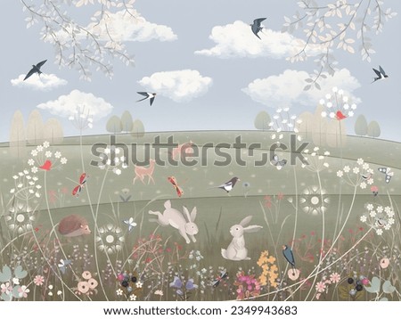 Children's picture, against the sky with balloons for digital printing wallpaper, custom design wallpaper ストックフォト © 