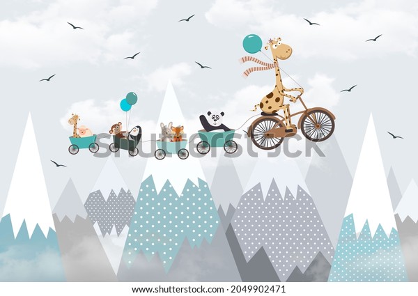children's picture animals on a bicycle fly through the sky against the background of mountains for digital printing wallpaper, custom design feature wall wallpaper.