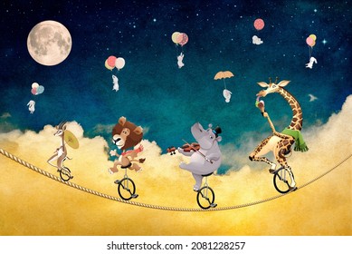 Children's Picture Animals On A Wheel Under The Moon For Digital Printing Wallpaper, Custom Design Wallpaper