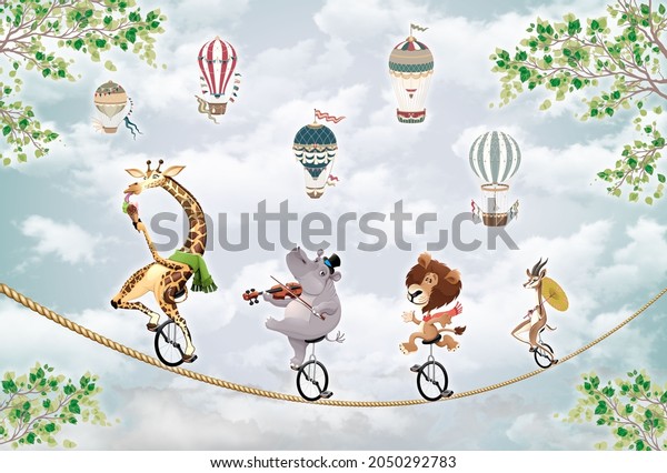 children's picture, animals on a wheel ride on a tightrope against the sky with balloons for digital printing of animal wallpaper for walls, custom design wallpaper