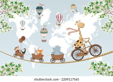 children's picture animals ride a bicycle on a rope against the background of the world map animals for digital printing wallpaper, custom design wallpaper - Powered by Shutterstock