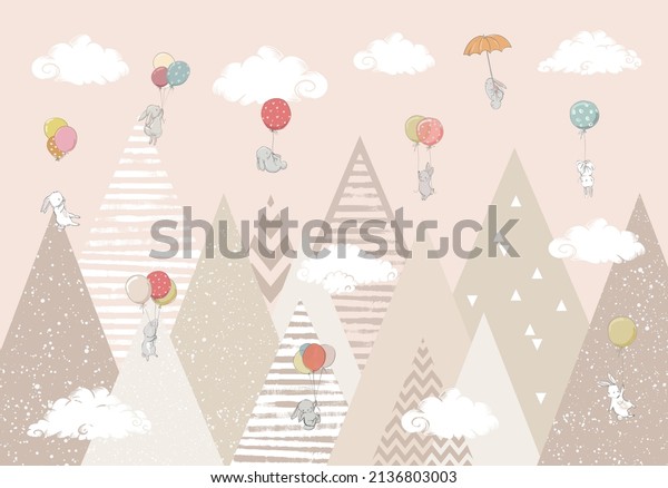 children's picture of a mountain with animals on a beige background for digital printing wallpaper, custom design wallpaper