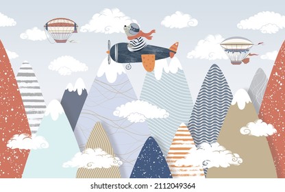 Children's Picture Of A Mountain With A Bear On A Plane For Digital Printing Wallpaper, Custom Design Wallpaper