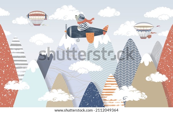 children's picture of a mountain with a bear on a plane for digital printing wallpaper, custom design wallpaper