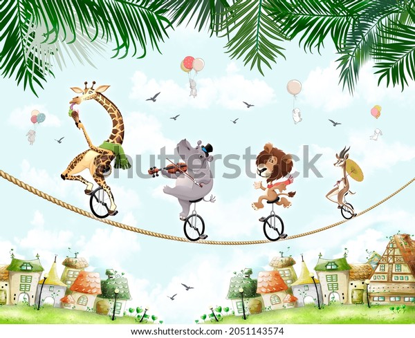 children's picture for wallpaper, animals against the sky and the city for digital printing wallpaper, custom design wallpaper