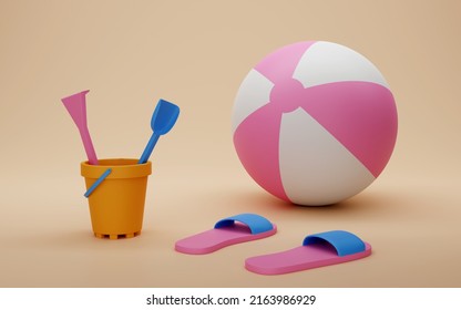 Children's Play On The Beach During Summer Vacation. Minimalist Scene Of A Sand Bucket With Shovel And Rake, Inflatable Beach Ball And Flip Flops. 3d Rendering.