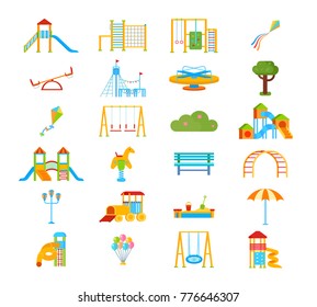 Childrens Playground Flat Isolated Elements In Cartoon Style With Slippery Dip Ladder Seesaw Gym Wall Bars  Illustration